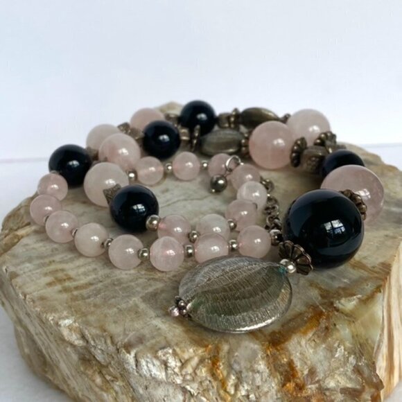 Sterling Silver 925 Rose Quartz Black Onyx Beaded Y Necklace 18.5" 81g Stone - Picture 11 of 16